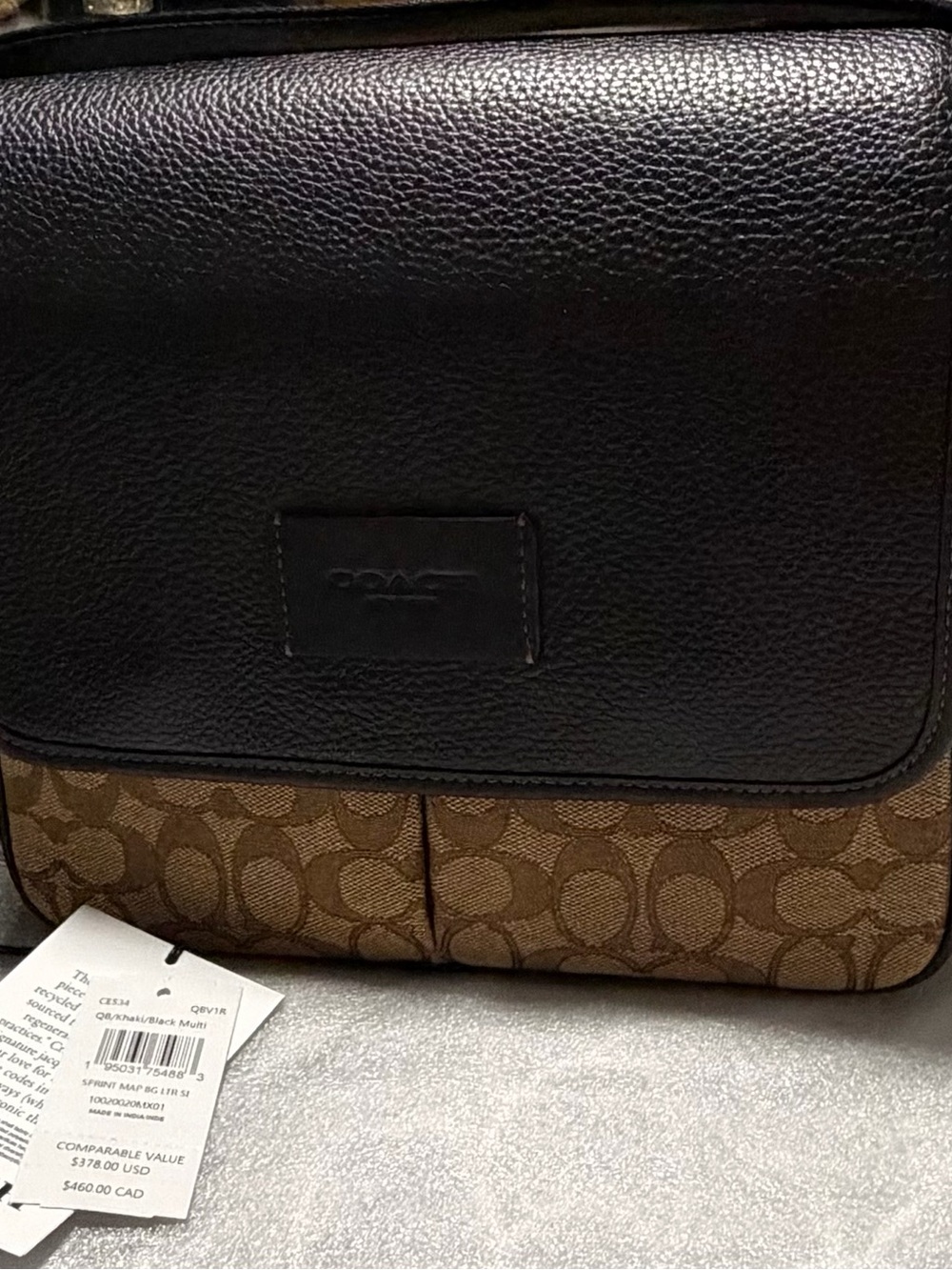 Coach Brown Signature Canvas & Black Leather Messenger Bag